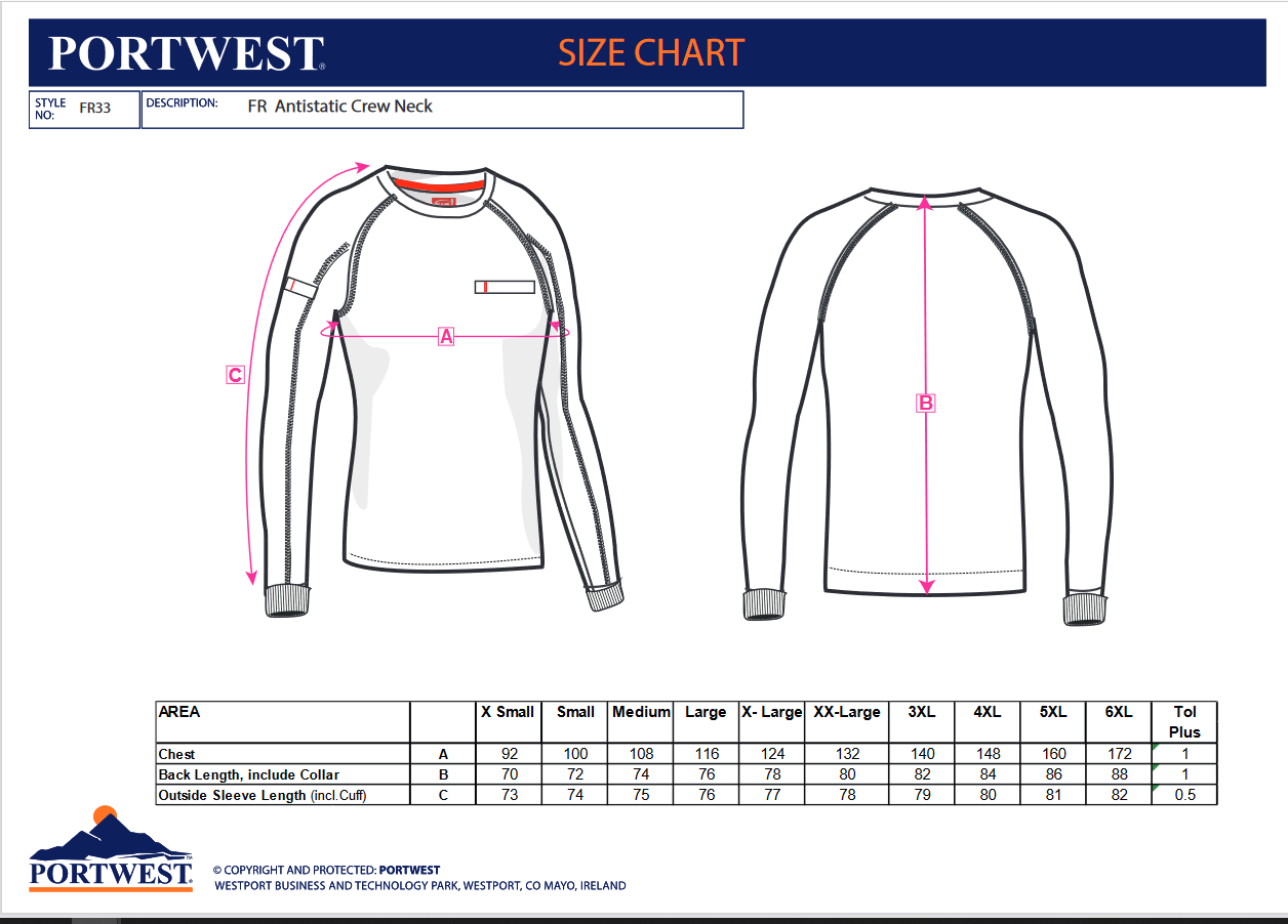 FR33 Portwest® Bizflame® Knit Flame-Resistant Anti-Static Crew Neck Shirts - size chart
